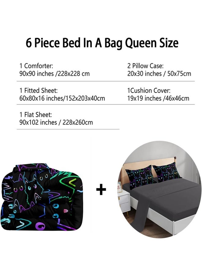 ROWADALO 6 Piece Cat Comforter Set Queen Size Bed in A Bag set Cute Black Cat Bedding Set for Girls Boys Kids Teens (with 1 Comforter,1 Flat Sheet,1 Fitted Sheet,2 Pillowcases,1Cushion Cover)Cats 5001-6Pcs Q - Image 4
